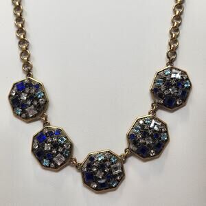 J Crew Gold Tone Blue Rhinestone Panel Chain Necklace Adjustable Art Deco Style